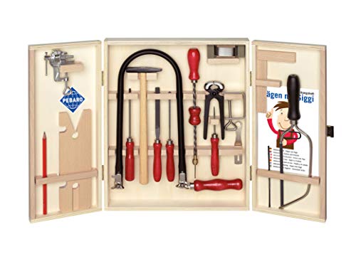 Pebaro 401S Öko-Laubsägeschrank, 24 Teile, komplettes Set im Holzschrank ohne Kunststoff, Stahlwerkzeuge, Laubsägebogen made in Germany, Basteln mit Holz, Laubsägen, Bastelset, Geschenkidee für Kinder, 60 x 30 cm von Pebaro