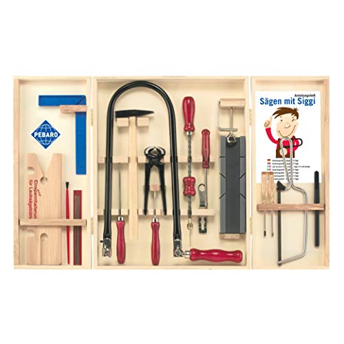 Pebaro 402S Qualitäts-Laubsägeschrank, 24 Teile, komplettes Set im Holzschrank, Stahlwerkzeuge, Laubsägebogen made in Germany, Basteln mit Holz, Laubsägen, Bastelset, Geschenkidee für Kinder von Pebaro