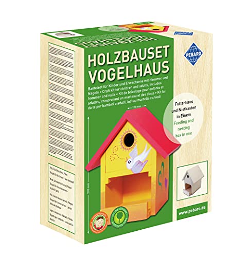 Pebaro 466 Holzbauset Bastelset Vogelhaus inkl. 9 unbehandelten Birkenholzplatten, Löcher vorgebohrt, Hammer und Nägeln, Geschenkidee für Hobby, kleine Handwerker und Kinder, Basteln mit Holz von Pebaro