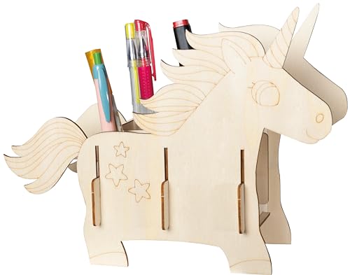 Pebaro 477/1 Holzbausatz Laser Cut Stiftehalter Einhorn, 3D Puzzle, Basteln mit Holz, Holzpuzzle, vorgestanzte Holzplatte, inkl. Schmirgelpapier, ausbrechen, zusammenstecken, fertig, Geschenkidee von Pebaro