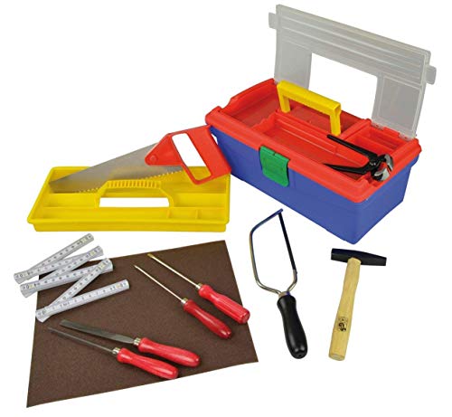 Pebaro 645 Werkzeug-Set in Kunststoffbox für Hobby und Schule, 11 Teile, praktischer Koffer, ausklappbare Fächer, Basteln mit Holz, Werken, Bastelset, Geschenkidee für Kinder von Pebaro