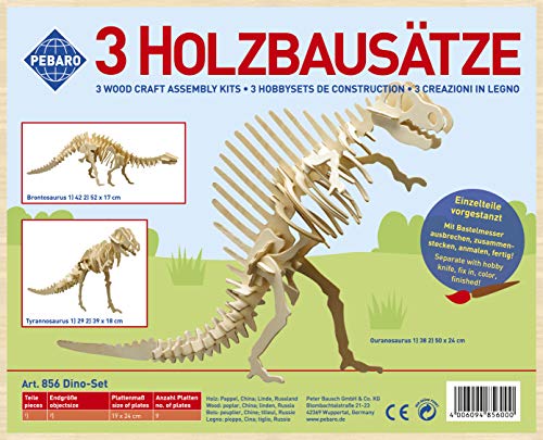 Pebaro 856 Holzbausatz Dino-Set, 3 Stück 3D Puzzles Dinosaurier: Brontosaurus, Tyrannosaurus, Ouranosaurus, Modellbausatz, Basteln mit Holz, Holzpuzzle, vorgestanzte Holzplatten, Geschenkidee von Pebaro