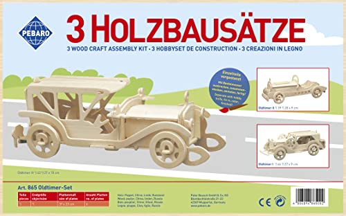 Pebaro 865 Holzbausatz Oldtimer-Set, 3 Stück 3D Puzzles Oldtimer Autos: Oldtimer I, Oldtimer II, Oldtimer III; Modellbausatz, Basteln mit Holz, Holzpuzzle, vorgestanzte Holzplatten, Geschenkidee von Pebaro