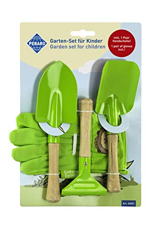 Pebaro GAR1 Garten-Set für Kinder, 2 Schaufeln, 1 Harke, 1 Paar Handschuhe, Arbeitshandschuhe für Kinder, grün, für Gartenarbeit, Gartenwerkzeuge, Junior-Gärtner, Geschenkidee für Kinder von Pebaro