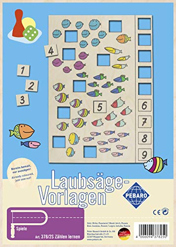 Pebaro 378/2S Laubsägevorlage Spiel Zählen lernen, 3mm Sperrholz DIN A 4, Motiv farbig vorgedruckt, aussägen mit Laubsägebogen, basteln, fertig, Laubsägen, Basteln mit Holz, Geschenkidee von Pebaro