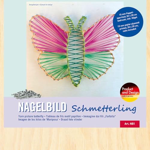 Pebaro NB1 Nagelbild Kreativ Set, Bastelset, Fadenbild, Fadenspannbild, String Art, mit vorgedrucktem Motiv Schmetterling, inkl. Nägel, Basteln mit Holz, kreative Geschenkidee, Dekoartikel von Pebaro