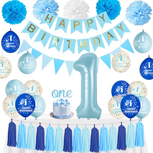 1. Geburtstag Dekorationen für Jungen Blau - Erste Luftballons Happy Birthday Banner One Cake Topper Nummer 1 Ballon Quaste, Seidenpapier Pom Poms Dekoration für 1 Jahr alte Baby Boy Party Feier 1. Geburtstag Dekorationen für Jungen Blau - Erste Luftballons Happy Birthday Banner One Cake Topper Nummer 1 Ballon Quaste, Seidenpapier Pom Poms Dekoration für 1 Jahr alte Baby Boy Party Feier von Pecration
