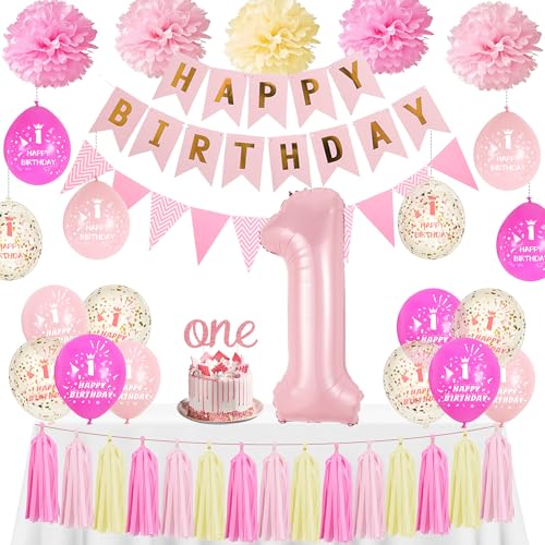 1. Geburtstag Dekorationen für Mädchen Rosa - Erste Luftballons Happy Birthday Banner One Cake Topper Nummer 1 Ballon Quaste, Seidenpapier Pom Poms Dekoration für 1 Jahr alte Baby Mädchen Party Feier 1. Geburtstag Dekorationen für Mädchen Rosa - Erste Luftballons Happy Birthday Banner One Cake Topper Nummer 1 Ballon Quaste, Seidenpapier Pom Poms Dekoration für 1 Jahr alte Baby Mädchen Party Feier von Pecration