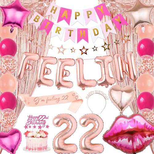 22 Geburtstag Dekorationen Luftballons für Sie - Happy Birthday Banner Schärpe Dekoration Set mit Folienfransenvorhängen, Rosa Cake Topper Hängende Sterngirlande für Frauen 22 Jahre alt Party Supplies von Pecration