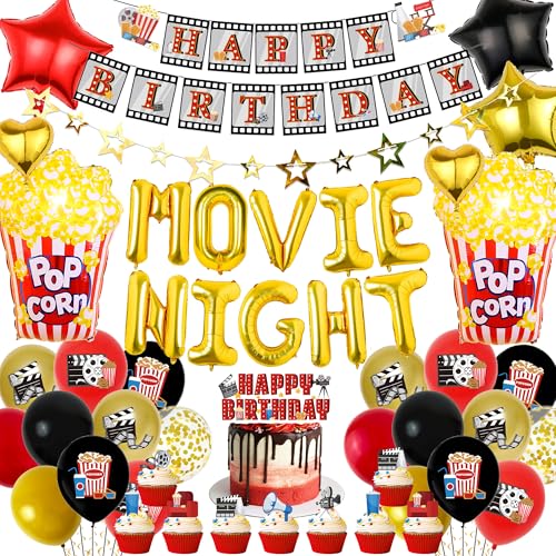 Filmnacht Zubehör Party Dekorationen - Kino Party Supplies Cupcake Toppers Popcorn Folie Stern Gold Buchstaben Luftballons, Happy Birthday Banner Girlande für Geburtstag Film Thema Party Dekoration von Pecration