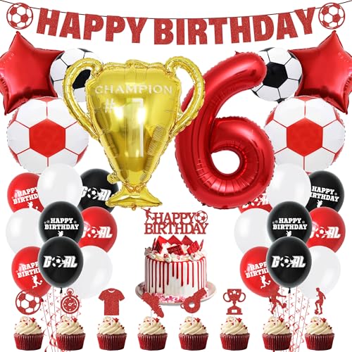 Fußball 6. Geburtstag Party Dekorationen – Fußball Kuchen Topper Luftballons Happy Birthday Banner Party Supplies für Jungen, Rot Sport Thema Dekoration für 6 Jahre alte Kinder und Fans Fußball 6. Geburtstag Party Dekorationen – Fußball Kuchen Topper Luftballons Happy Birthday Banner Party Supplies für Jungen, Rot Sport Thema Dekoration für 6 Jahre alte Kinder und Fans von Pecration