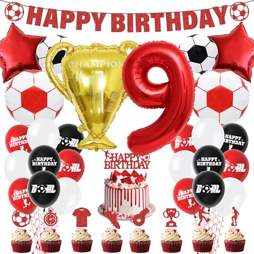 Fußball 9. Geburtstag Party Dekorationen - Fußball Kuchen Topper Luftballons Happy Birthday Banner Party Supplies für Jungen, Rot Sport Thema Dekoration für 9 Jahre alte Kinder und Fans Fußball 9. Geburtstag Party Dekorationen - Fußball Kuchen Topper Luftballons Happy Birthday Banner Party Supplies für Jungen, Rot Sport Thema Dekoration für 9 Jahre alte Kinder und Fans von Pecration