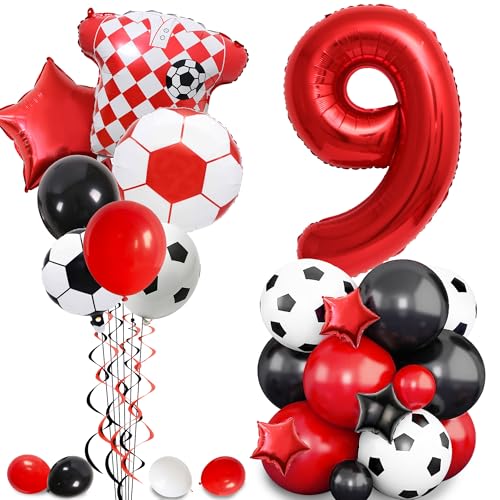 Fußball Geburtstag Dekorationen 9th Ballons - Fußball Party Supplies mit Fußballstern Folie und Latexballon für Jungen, Rot Sport Thema Dekoration für 9 Jahre alte Kinder und Fans Fußball Geburtstag Dekorationen 9th Ballons - Fußball Party Supplies mit Fußballstern Folie und Latexballon für Jungen, Rot Sport Thema Dekoration für 9 Jahre alte Kinder und Fans von Pecration