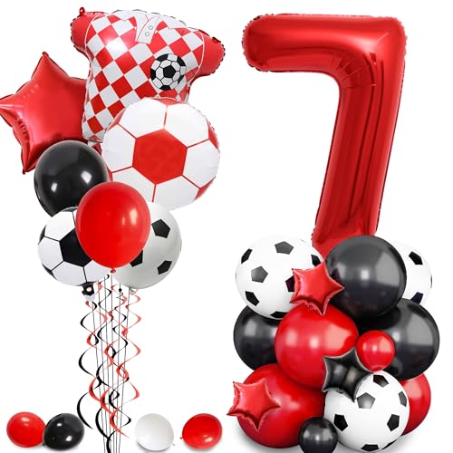 Fußball-Geburtstagsdekorationen 7. Luftballons – Fußball-Partyzubehör mit Fußballstern-Folie und Latexballon für Jungen, rote Sportthemen-Dekoration für 7-jährige Kinder und Fans von Pecration