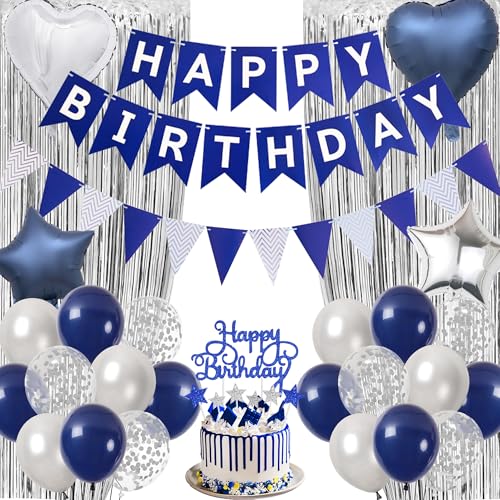 Geburtstag Party Dekorationen Luftballons Hintergrund - Blau Silber Happy Birthday Banner Dekorationen Set Jungen Lametta Vorhang Kuchen Topper Wimpel Wimpel für Männer Party Hintergrund Supplies Geburtstag Party Dekorationen Luftballons Hintergrund - Blau Silber Happy Birthday Banner Dekorationen Set Jungen Lametta Vorhang Kuchen Topper Wimpel Wimpel für Männer Party Hintergrund Supplies von Pecration