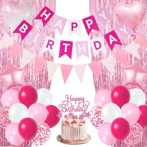Geburtstag Party Dekorationen Luftballons Hintergrund - Rosa Happy Birthday Banner Dekorationen Set Mädchen Lametta Vorhang Kuchen Topper Wimpel Wimpel für Frauen Party Hintergrund Supplies Geburtstag Party Dekorationen Luftballons Hintergrund - Rosa Happy Birthday Banner Dekorationen Set Mädchen Lametta Vorhang Kuchen Topper Wimpel Wimpel für Frauen Party Hintergrund Supplies von Pecration