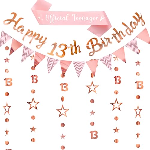 Happy 13th Birthday Banner Dekoration - Rose Gold Offizielle Teenager Dekorationen Schärpe Banner Dekorationen Set für Mädchen, Glitzer Girlande Stern Hängend für 13 Jahre Alt Party Supplies Happy 13th Birthday Banner Dekoration - Rose Gold Offizielle Teenager Dekorationen Schärpe Banner Dekorationen Set für Mädchen, Glitzer Girlande Stern Hängend für 13 Jahre Alt Party Supplies von Pecration