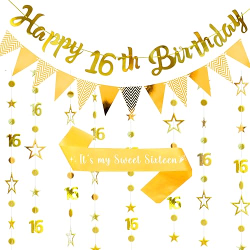 Happy 16th Birthday Banner Dekoration - Gold Sweet Sixteen Schärpe Banner Dekorationen Set für Jungen, Glitzer Dreieck Girlande Stern Hängend für 16 Jahre Alt Party Supplies Happy 16th Birthday Banner Dekoration - Gold Sweet Sixteen Schärpe Banner Dekorationen Set für Jungen, Glitzer Dreieck Girlande Stern Hängend für 16 Jahre Alt Party Supplies von Pecration