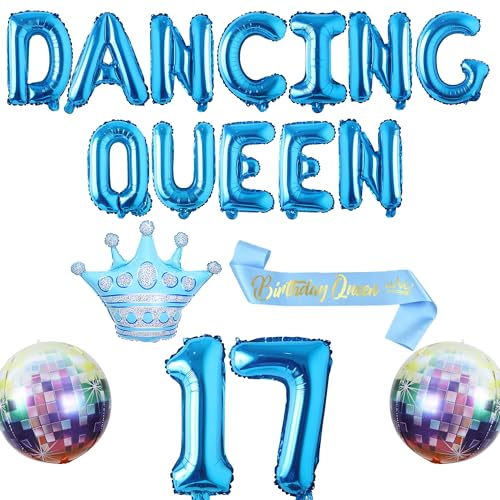 Happy 17th Birthday Party Decorations - Blue Dancing Queen Balloon Birthday Sash Decoration for Girls, Exploding Crown Foil Balloons Balloons for Disco Theme Party Supplies Happy 17th Birthday Party Decorations - Blue Dancing Queen Balloon Birthday Sash Decoration for Girls, Exploding Crown Foil Balloons Balloons for Disco Theme Party Supplies von Pecration