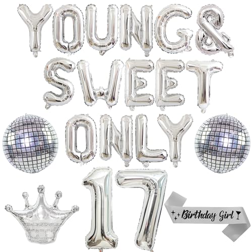 Happy 17th Birthday Party Decorations - Silver Young and Sweet Only 17 Balloon Banner Decoration for Girls, Disco Exploding Crown Foil Balloons for Dancing Queen Party Supplies Happy 17th Birthday Party Decorations - Silver Young and Sweet Only 17 Balloon Banner Decoration for Girls, Disco Exploding Crown Foil Balloons for Dancing Queen Party Supplies von Pecration
