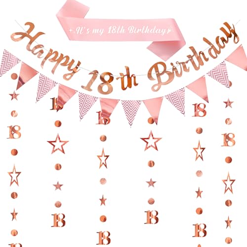 Happy 18th Birthday Banner Dekoration - Rose Gold Geburtstag Schärpe Banner Dekorationen Set für Mädchen Frauen, Glitzer Dreieck Girlande Stern Hängend für 18 Jahre Alt Party Supplies Happy 18th Birthday Banner Dekoration - Rose Gold Geburtstag Schärpe Banner Dekorationen Set für Mädchen Frauen, Glitzer Dreieck Girlande Stern Hängend für 18 Jahre Alt Party Supplies von Pecration