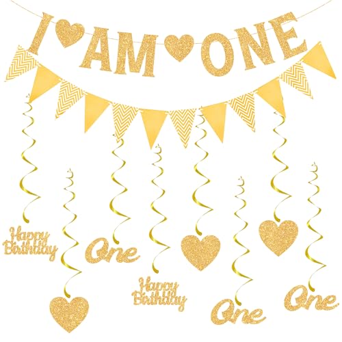 Happy 1st Birthday Decorations Banner - Gold First Birthday Banner Bunting Set for Girls Boy, Glitter Letter One and Heart Swirl Hanging for Baby One Happy Birthday Party Supplies Happy 1st Birthday Decorations Banner - Gold First Birthday Banner Bunting Set for Girls Boy, Glitter Letter One and Heart Swirl Hanging for Baby One Happy Birthday Party Supplies von Pecration