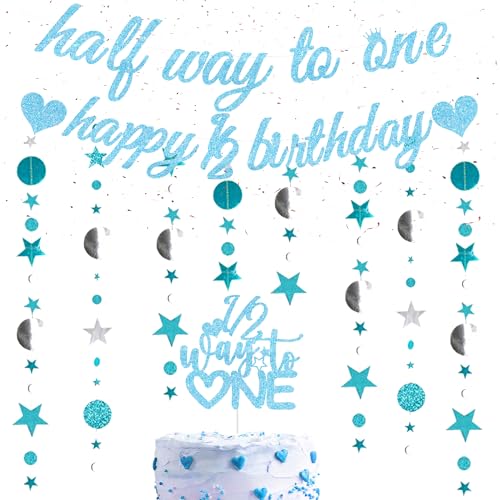 Happy 6 Months Birthday Decorations - Blue Half Way To One Banner with Glitter Star Garland, 1/2 Way To One Cake Topper For Baby Six Months Old Party Supplies Happy 6 Months Birthday Decorations - Blue Half Way To One Banner with Glitter Star Garland, 1/2 Way To One Cake Topper For Baby Six Months Old Party Supplies von Pecration
