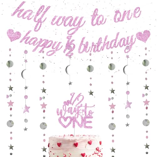 Happy 6 Months Birthday Decorations - Pink Half Way To One Banner with Glitter Star Garland, 1/2 Way To One Cake Topper For Baby Six Months Old Party Supplies Happy 6 Months Birthday Decorations - Pink Half Way To One Banner with Glitter Star Garland, 1/2 Way To One Cake Topper For Baby Six Months Old Party Supplies von Pecration