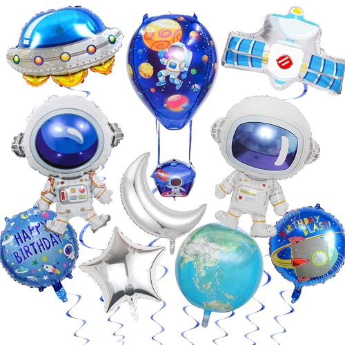 Luftballons mit Weltraumthema Geburtstagsdekorationen - 10 Stück Äußeres Partydekorationsset mit 3D-Raumschiff, großen niedlichen Astronauten-Satelliten und 4D-Erd-Folienballon für Happy Birthday von Pecration