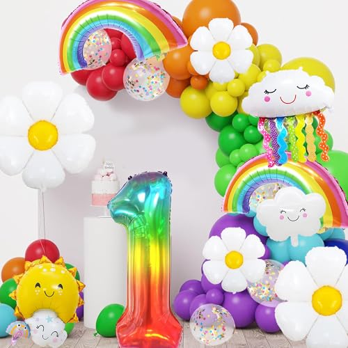 Luftballons zum 1. Geburtstag, Mädchen, Regenbogen-Ballonbogen-Girlande, Dekorationsset mit Gänseblümchen, Happy One Birthday, niedliche Folienballons, Partyzubehör für Jungen und Kinder, 155 Stück Luftballons zum 1. Geburtstag, Mädchen, Regenbogen-Ballonbogen-Girlande, Dekorationsset mit Gänseblümchen, Happy One Birthday, niedliche Folienballons, Partyzubehör für Jungen und Kinder, 155 Stück von Pecration