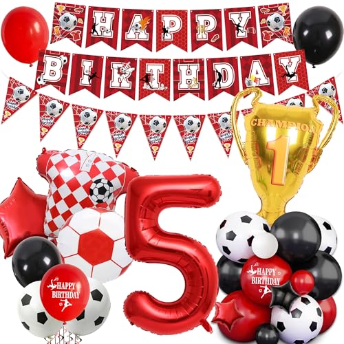 Party-Dekoration zum 5. Geburtstag, Rotes Fußball-Thema für Jungen, Mädchen, Happy Birthdy, Wimpelkette, Dekoration, Zahlen-Trophäe, Fußball-Shirt, Folienballons, Jungen, Mädchen, Sport-Partyzubehör Party-Dekoration zum 5. Geburtstag, Rotes Fußball-Thema für Jungen, Mädchen, Happy Birthdy, Wimpelkette, Dekoration, Zahlen-Trophäe, Fußball-Shirt, Folienballons, Jungen, Mädchen, Sport-Partyzubehör von Pecration