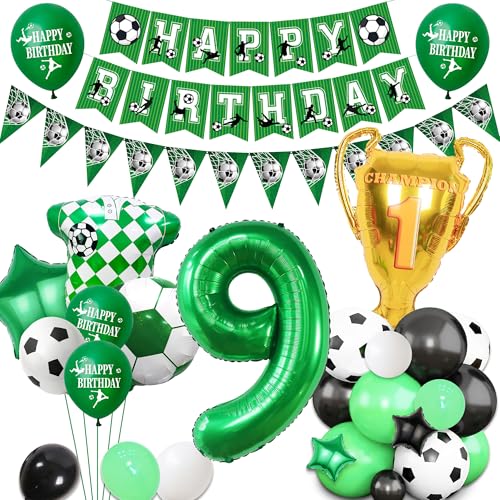 Party-Dekoration zum 9. Geburtstag, Motiv: Fußball, für Jungen und Mädchen, Wimpelkette, Dekoration, Zahlen-Trophäe, Fußball-Shirt, Folienballons, Kindersport-Partyzubehör Party-Dekoration zum 9. Geburtstag, Motiv: Fußball, für Jungen und Mädchen, Wimpelkette, Dekoration, Zahlen-Trophäe, Fußball-Shirt, Folienballons, Kindersport-Partyzubehör von Pecration