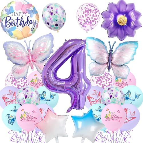 Schmetterling 4. Geburtstag Dekorationen Mädchen – 23 Stück lila Schmetterlingsballons Zahl 4 Gradient Stern Folienballon, Geburtstagsparty-Zubehör für 4 Jahre alte Mädchen, Party-Dekoration Schmetterling 4. Geburtstag Dekorationen Mädchen – 23 Stück lila Schmetterlingsballons Zahl 4 Gradient Stern Folienballon, Geburtstagsparty-Zubehör für 4 Jahre alte Mädchen, Party-Dekoration von Pecration