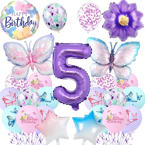 Schmetterling 5. Geburtstag Dekorationen Mädchen – 23 Stück lila Schmetterlingsballons Zahl 5 Gradient Stern Folienballon, Geburtstagsparty-Zubehör für 5 Jahre altes Mädchen, Party-Dekoration Schmetterling 5. Geburtstag Dekorationen Mädchen – 23 Stück lila Schmetterlingsballons Zahl 5 Gradient Stern Folienballon, Geburtstagsparty-Zubehör für 5 Jahre altes Mädchen, Party-Dekoration von Pecration