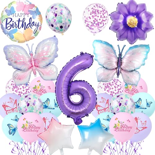 Schmetterling 6. Geburtstag Dekorationen Mädchen – 23 Stück lila Schmetterlingsballons Zahl 6 Gradient Stern Folienballon, Geburtstagsparty-Zubehör für 6 Jahre alte Mädchen, Party-Dekoration von Pecration