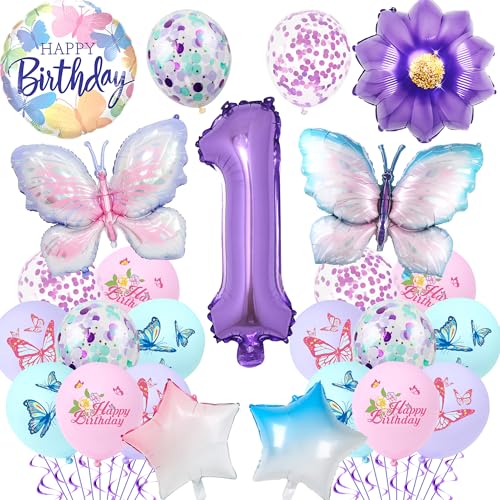 Schmetterlings-Dekorationen zum 1. Geburtstag für Mädchen – 23 Stück lila Schmetterlingsballons Zahl 1 Farbverlauf, Stern-Folienballon, Geburtstagsparty-Zubehör für 1 Jahr altes Mädchen, Schmetterlings-Dekorationen zum 1. Geburtstag für Mädchen – 23 Stück lila Schmetterlingsballons Zahl 1 Farbverlauf, Stern-Folienballon, Geburtstagsparty-Zubehör für 1 Jahr altes Mädchen, von Pecration