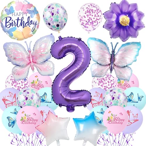 Schmetterlings-Dekorationen zum 2. Geburtstag für Mädchen – 23 Stück lila Schmetterlingsballons Zahl 2 Gradient Stern Folienballon, Geburtstagsparty-Zubehör für 2 Jahre altes Mädchen, Party-Dekoration Schmetterlings-Dekorationen zum 2. Geburtstag für Mädchen – 23 Stück lila Schmetterlingsballons Zahl 2 Gradient Stern Folienballon, Geburtstagsparty-Zubehör für 2 Jahre altes Mädchen, Party-Dekoration von Pecration