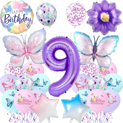 Schmetterlings-Dekorationen zum 9. Geburtstag für Mädchen – 23 Stück lila Schmetterlingsballons Zahl 9 Gradient Stern Folienballon, Geburtstagsparty-Zubehör für 9 Jahre altes Mädchen, Party-Dekoration Schmetterlings-Dekorationen zum 9. Geburtstag für Mädchen – 23 Stück lila Schmetterlingsballons Zahl 9 Gradient Stern Folienballon, Geburtstagsparty-Zubehör für 9 Jahre altes Mädchen, Party-Dekoration von Pecration