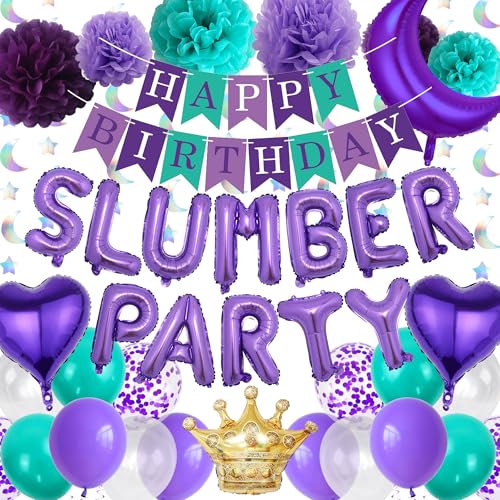 Slumber Birthday Party Supplies Mädchen - Lila Happy Birthday Banner Luftballons Set mit Papier-Pompons, hängende Girlanden für Nachtübernachtung Pyjama Party Dekorationen Slumber Birthday Party Supplies Mädchen - Lila Happy Birthday Banner Luftballons Set mit Papier-Pompons, hängende Girlanden für Nachtübernachtung Pyjama Party Dekorationen von Pecration