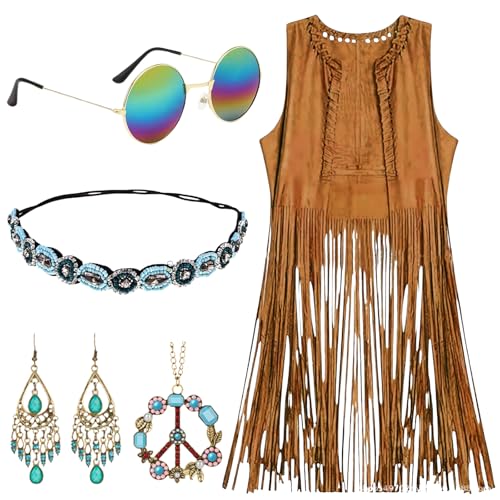 Hippie Kostüm Damen Set, Fransen ärmellos Weste Hippie Kleidung Damen, Damen Disco Outfit, Sonnenbrille, Stirnband, Ohrringe, Halskette, Braun Fransenweste Damen Hippie Karneval Faschingskostüme (XXL) Hippie Kostüm Damen Set, Fransen ärmellos Weste Hippie Kleidung Damen, Damen Disco Outfit, Sonnenbrille, Stirnband, Ohrringe, Halskette, Braun Fransenweste Damen Hippie Karneval Faschingskostüme (XXL) von Peelanmall