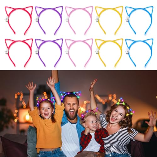 Leucht Kopfbedeckung, LED Katzenohren Stirnband, 10 Stück Haarreifen Blinkend, Pailletten-Katzenohren Stirnband, LED Glänzend Katzenohren Haarreifen, ,Stirnband Leuchtend für Mädchen, Fasching Party von Peelanmall