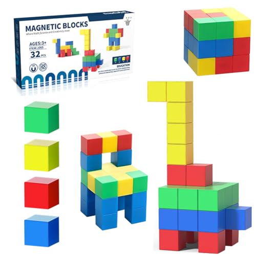 Magnetische Bausteine Spielzeug, Bunte Magnetische Blöcke, 32 Stück Magnete Spielzeug 24mm Magnetbausteine Magnetspiel, Magnetische Stapelwürfel, Magnetischer Würfel für Jungen und Mädchen ab 3 Jahren von Peelanmall
