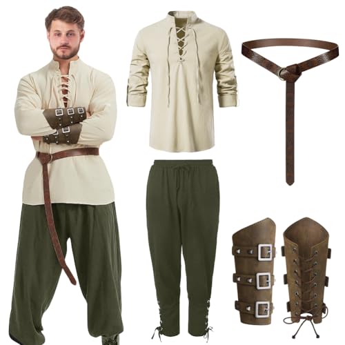Mittelalter Kleidung Herren, Herren Renaissance Kostüm Set mit Hose Gürtel Handgelenkgurt Zubehör, Leinenhemd Herren, Mittelalter Hose Viking Kostüm, Viktorian Viking Kostüm für Karneval Cosplay (M) Mittelalter Kleidung Herren, Herren Renaissance Kostüm Set mit Hose Gürtel Handgelenkgurt Zubehör, Leinenhemd Herren, Mittelalter Hose Viking Kostüm, Viktorian Viking Kostüm für Karneval Cosplay (M) von Peelanmall