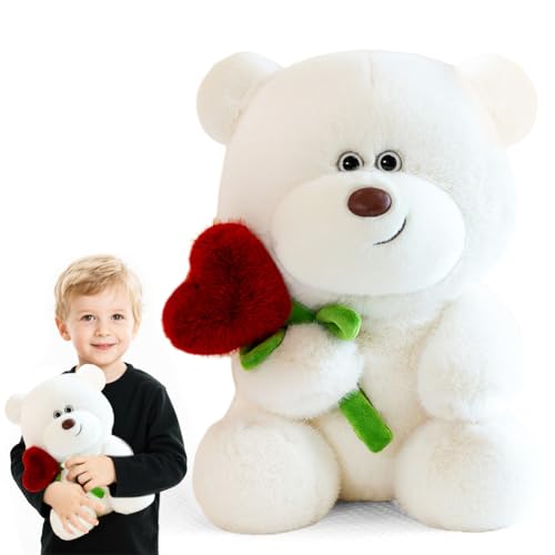 Peelanmall Teddybär Plüsch-Bär Teddy mit Herz Rose, Plüschtier Kuscheltier Teddy Plüschbär, Teddy Bear mit Rose süße Kuscheltiere, Geschenke für Mama, Kinder, Geburtstag, Valentinstag (28cm) (Weiß) von Peelanmall