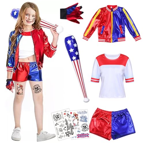 Quinn Kostüme für Erwachsene, Quinn Kostüm Cosplay Costume Set mit Tattoo Joker, Jacke, Shorts, T-Shirt, Handschuh, Netzstrümpfe, Baseballschläger Aufblasbar, für Halloween Karneval Cosplay (S) von Peelanmall