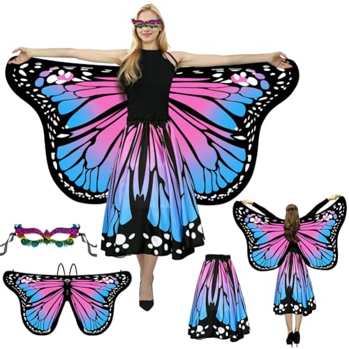 Schmetterling Kostüm Damen, Schmetterlingsflügel Doppelseitiger Druck, Schmetterling Umhang Damen, Doppelseitiger Druck Schmetterlingsflügel Erwachsene Kostüm mit Maske und Rock,für Karnevel Cosplay von Peelanmall