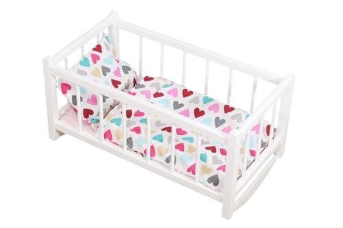 PEEWIT HOLZWIEGE, WEISSES Puppenbett mit Matratze und Bettzeug in einem großen Herzen von PEEWIT