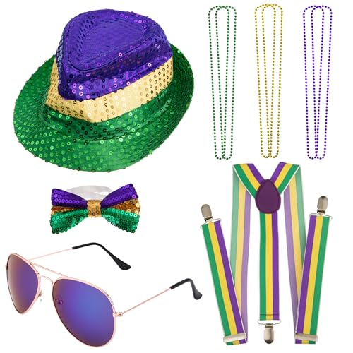 10PCS Mardi Gras Kostüm Zubehör Set, Fedora Pailletten Party Bevorzugung beinhaltet Mardi Gras Fedora Hut Mardi Gras Halskette Perlen für Männer Frauen 10PCS Mardi Gras Kostüm Zubehör Set, Fedora Pailletten Party Bevorzugung beinhaltet Mardi Gras Fedora Hut Mardi Gras Halskette Perlen für Männer Frauen von Peirich
