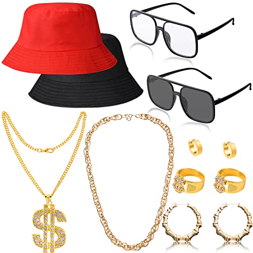Hip Hop Kostüm Kit, 12-Pack 80er/90er Jahre Outfit Rapper Zubehör beinhaltet Sonnenbrille Dollar Zeichen gefälschte Kette Ring Hoop Ohrring Eimer Hut für Sommer Frauen Männer von Peirich