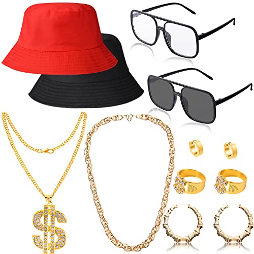 Hip Hop Kostüm Kit, 12Pack 80er 90er Jahre Outfit Rapper Zubehör beinhaltet Sonnenbrille Dollar Zeichen gefälschte Kette Ring Hoop Ohrring Eimer Hut für Sommer Frauen Männer Hip Hop Kostüm Kit, 12Pack 80er 90er Jahre Outfit Rapper Zubehör beinhaltet Sonnenbrille Dollar Zeichen gefälschte Kette Ring Hoop Ohrring Eimer Hut für Sommer Frauen Männer von Peirich